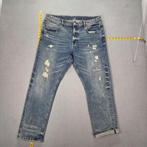 Loewe Jeans Mens Selvedge Blue Medium Wash Distressed Slim Tapered Fits 36x27